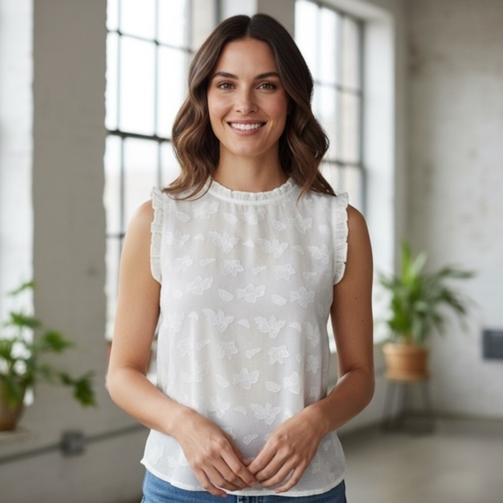 Fun2Fun White Embroidered Sheer Sleeveless Blouse Size S